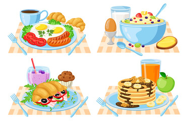 Cartoon breakfast. Healthy, delish breakfast menu, pancakes, croissant, vegetables, orange juice and coffee. Breakfast meal vector illustrations. Breakfast cartoon menu, healthy and fresh