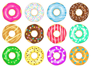 Cartoon donuts. Sweet glaze and sprinkle donuts, chocolate donut with sugar icing. Delicious colorful doughnuts vector illustration set. Donut menu colorful, breakfast with colored sprinkles