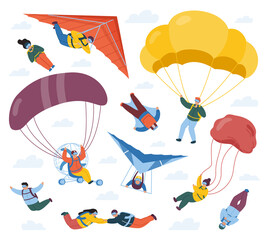 Skydiver sportsmen. Parachute extreme sport, sky jumpers, skydivers and paragliders. Parachute professional skydivers vector illustration set