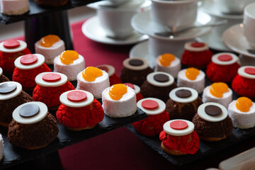Сatering. Banquet table with different snacks and desserts