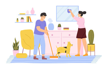 House cleaning. Young couple cleaning and washing house, daily home routines. Domestic housekeeping chores vector illustration set. Cleanup housekeeping, housework routine apartment