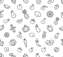 Vegetable and fruit seamless pattern - outline food background. Vector illustration.