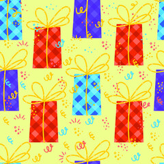 Vector pattern in the style of hand-drawn doodles. Seamless background with gift boxes. design For Various Holidays. Illustration for greeting cards, invitations, posters.