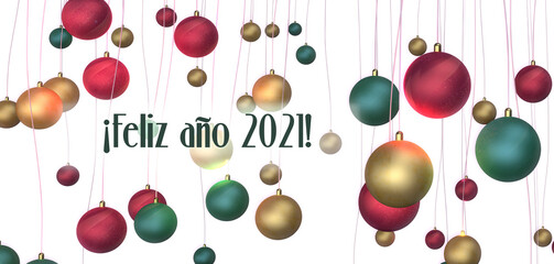 Fototapeta na wymiar Fondo de bolas de navidad de colores y brillantes. Dorado, rojo y verde metalizados. Felicitación ¡Feliz Año 2021!
