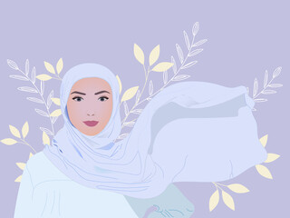 Portrait of young muslim woman wearing hijab head scarf. Closeup face of cheerful woman covered with headscarf smiling outdoor. Islamic girl on the flowers background.  