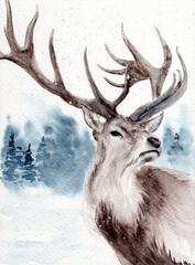 Watercolor illustration of a snowy landscape with a reindeer and a winter forest in the background