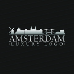 Amsterdam, Netherlands Silver Skyline Vector. City Luxury Logo Illustration. Metal Horizon Logotype Art.