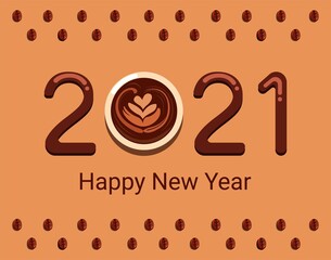 2021 Happy New Year with cafe coffee theme concept in cartoon illustration vector