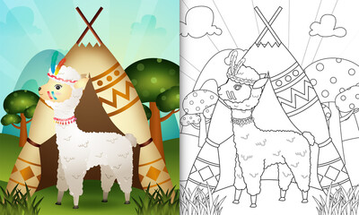 coloring book for kids with a cute tribal boho alpaca character illustration