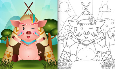 coloring book for kids with a cute tribal boho pig character illustration