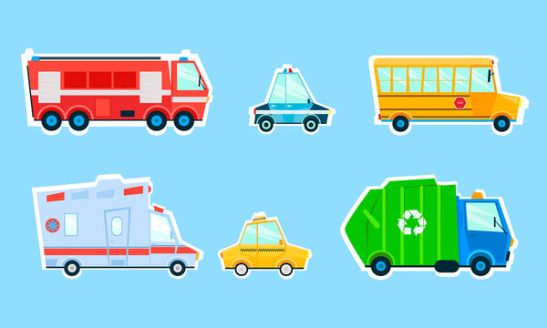 Set of stickers cars. Cartoon cars - fire engine, taxi, police, ambulance, garbage truck. Vector illustration.