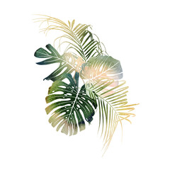 Bouquet with tropical leaves, can be used as greeting card, invitation card for wedding, birthday and other holiday and  summer background. Watercolor illustration. Botanical art.