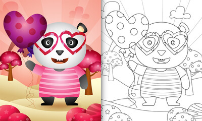 coloring book for kids with a cute panda holding balloon themed valentine day