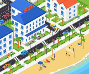 Fototapeta premium Coastal city - modern vector colorful isometric illustration