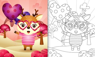 Obraz na płótnie Canvas coloring book for kids with a cute deer holding balloon themed valentine day