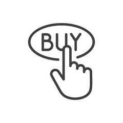 Tienda en línea. Logotipo lineal con texto Buy en botón con mano de cursor en color gris