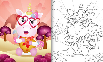 coloring book for kids with a cute unicorn hugging heart themed valentine day
