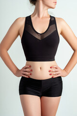 Female activewear. Outfit template. Workout design. Woman slim body in logo mockup black mesh crop top shorts isolated on neutral background.