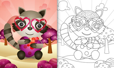 coloring book for kids with a cute raccoon hugging heart themed valentine day