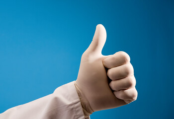 hand of doctor doing ok symbol, with surgical glove and blue background