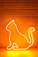Neon sign yellow cat in the decor. Trendy style. Neon sign. Custom neon. Home decor.