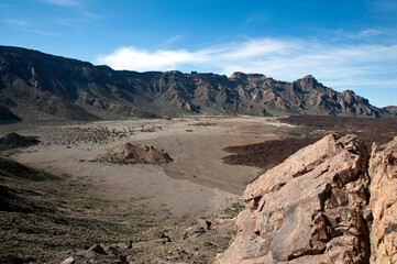 Peculiar Mars-like landscape as seen from the strategic viewpoint at Llano de Ucanca, revealing igneous rocks, solidified lava and volcanic ash at Teide National Park, Tenerife, Canary Islands, Spain 