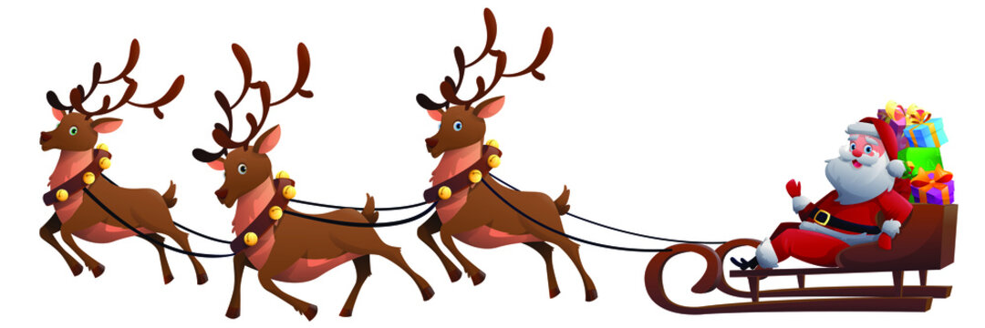 Cartoon santa claus with reindeer.  Winter holiday, Christmas and Santa Claus flies in a sleigh with gifts. Christmas night, santa want to send a gift to people. Vector illustration 
