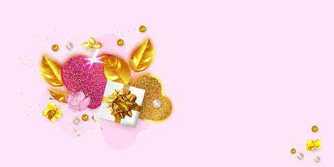 Valentine's Day banner. Mother's day poster. Background, poster, greeting card with golden flower and decorative hearts. 