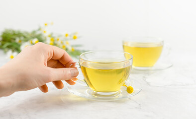 hend take a glass cup of chamomile tea on a white background.with teapot and bouquet of daisies.