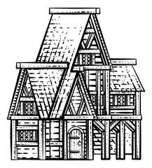 An old medieval house or inn cottage building drawing or map design element in a vintage engraved woodcut style