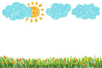 Kids children child paint drawing drawn cartoon hand drawn doodle background white space grass flowers clouds sun