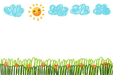 Kids children child paint drawing drawn cartoon hand drawn doodle background white space grass flowers clouds sun