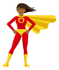 An Asian superhero cartoon mascot woman in her red and yellow super hero costume compete with cape in a flat modern cartoon style