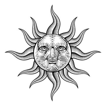 A sun face drawing in a woodcut engraving retro vintage style