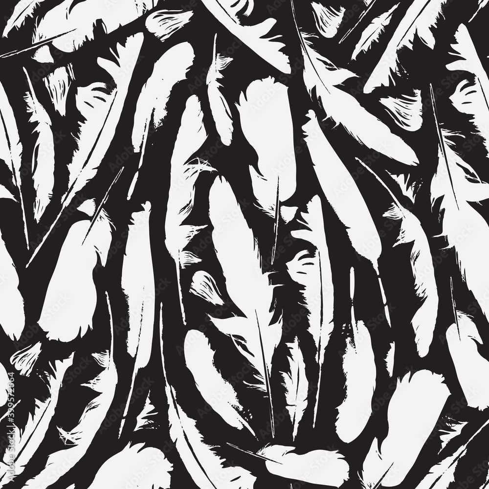 Poster seamless pattern with white bird feathers on the black backdrop. vector repeating background. suitab