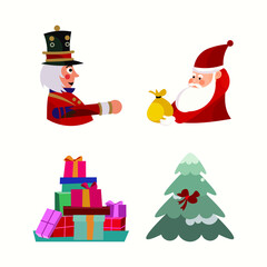 christmas illustration set. Christmas tree, presents, Santa Claus, and nutcracker. Best for Christmas illustrations, winter, holiday stories and Christmas happiness.