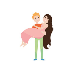 happy couple in love, man holding a woman in his arms, colorful design