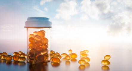 Vitamin D pills in sun light. Medicine and pharmacy