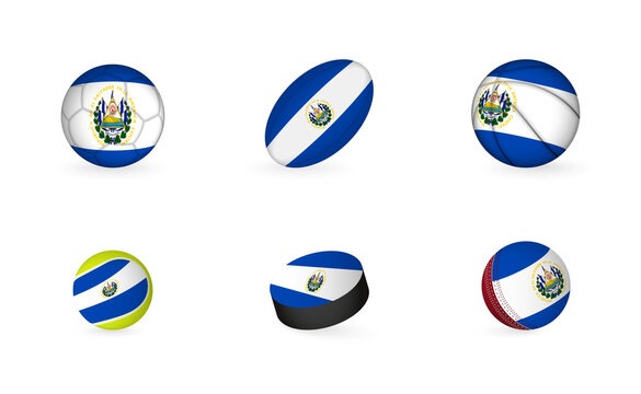 Sports equipment with flag of El Salvador. Sports icon set.