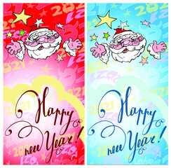 Naklejka premium Happy New Year. New Year's inscription.Vertical Christmas card. Santa Claus with stars. graphic decorative drawing, handmade. Colorful illustration for printing. On a red and blue background