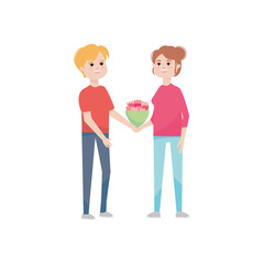 cartoon young man giving flowers bouquet to his girlfriend, colorful design