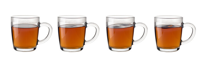 Tea in transparent glass mugs on a white background collage