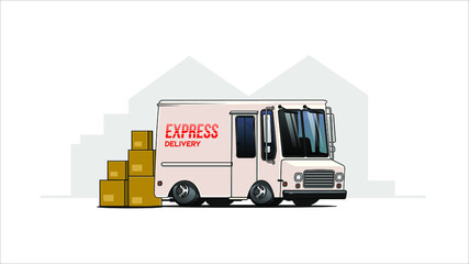 isolated delivery van and package with sillhouette warehouse background vector illustration