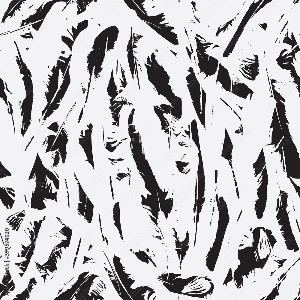 Poster abstract seamless pattern with white feathers on the black backdrop. vector repeating background wit