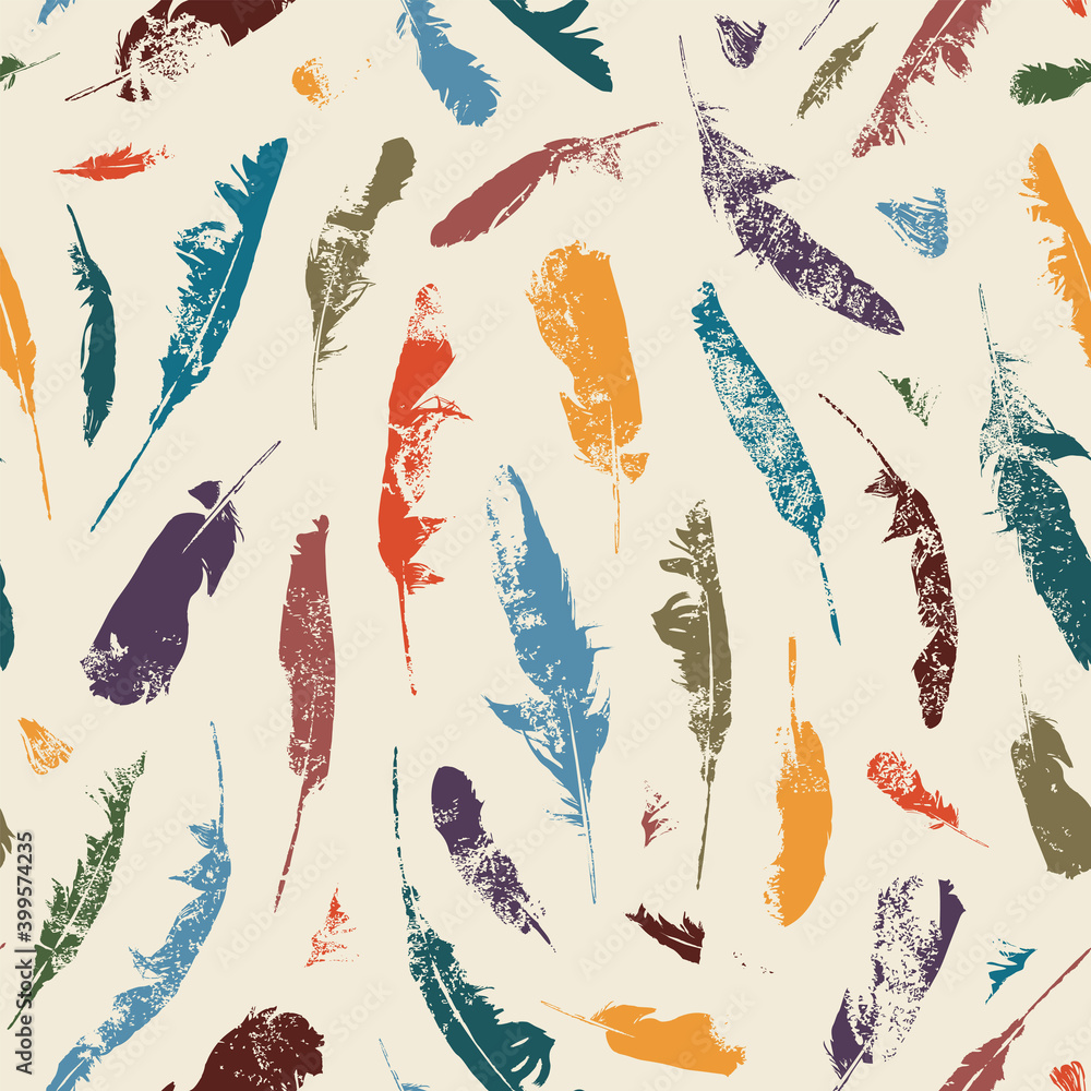 Poster vector seamlessseamless pattern with colored feathers on a beige backdrop. vector repeating backgrou