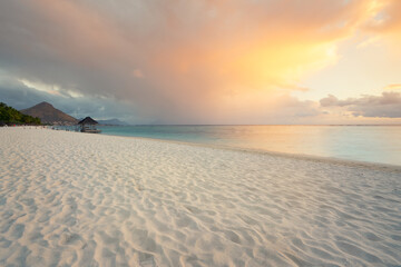 Panoramic footbridge over the indian ocean, Amazing flic en Flac beach at sunset,Mauritus...