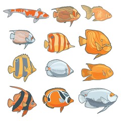 various types of fish, isolated in white background