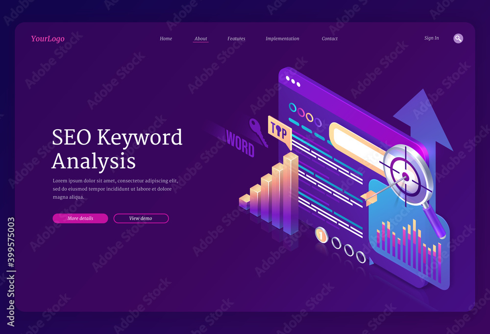 Poster seo keyword analysis banner. research and analytics of search engine optimization of content. vector