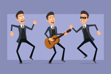 Cartoon flat funny mafia man character in black coat and sunglasses. Boy jumping, dancing and playing rock on guitar. Ready for animation. Isolated on violet background. Vector set.