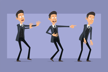 Obraz premium Cartoon flat funny mafia man character in black coat and sunglasses. Boy scared, sad, tired and showing evil smile. Ready for animation. Isolated on violet background. Vector set.